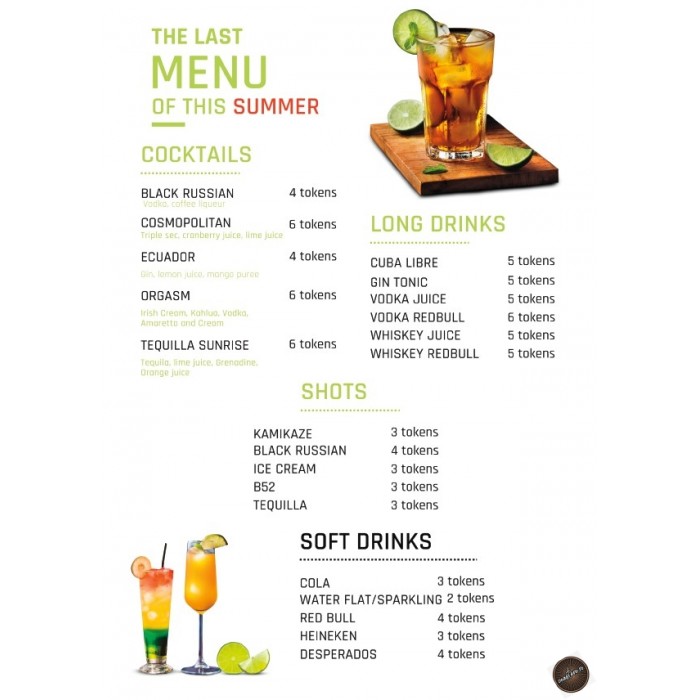 Meniu A4, bar tokenuri, design bauturi